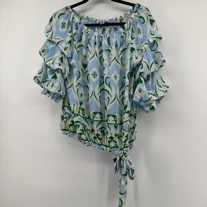 CeCe Blue Floral‎ Ruffle Sleeve Tie-Waist Blouse Top Size S New Boho
